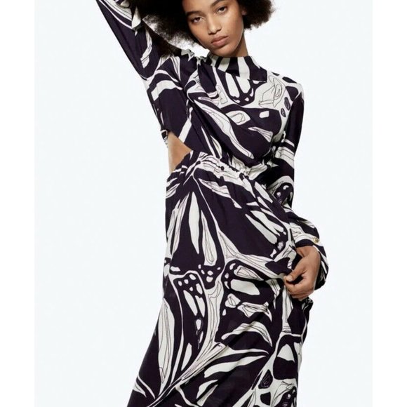 ZARA Womens Abstract Printed Cut-out Midriff Midi Dress Navy/Off-White S NWT - Picture 3 of 14